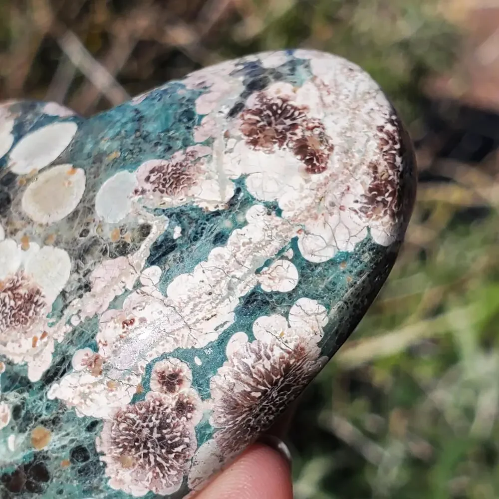 Green Rhyolite Cherry Blossom Puffy Heart Crystal Carving 96 grams
